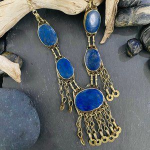 Blue and Brass Fringed Statement Necklace